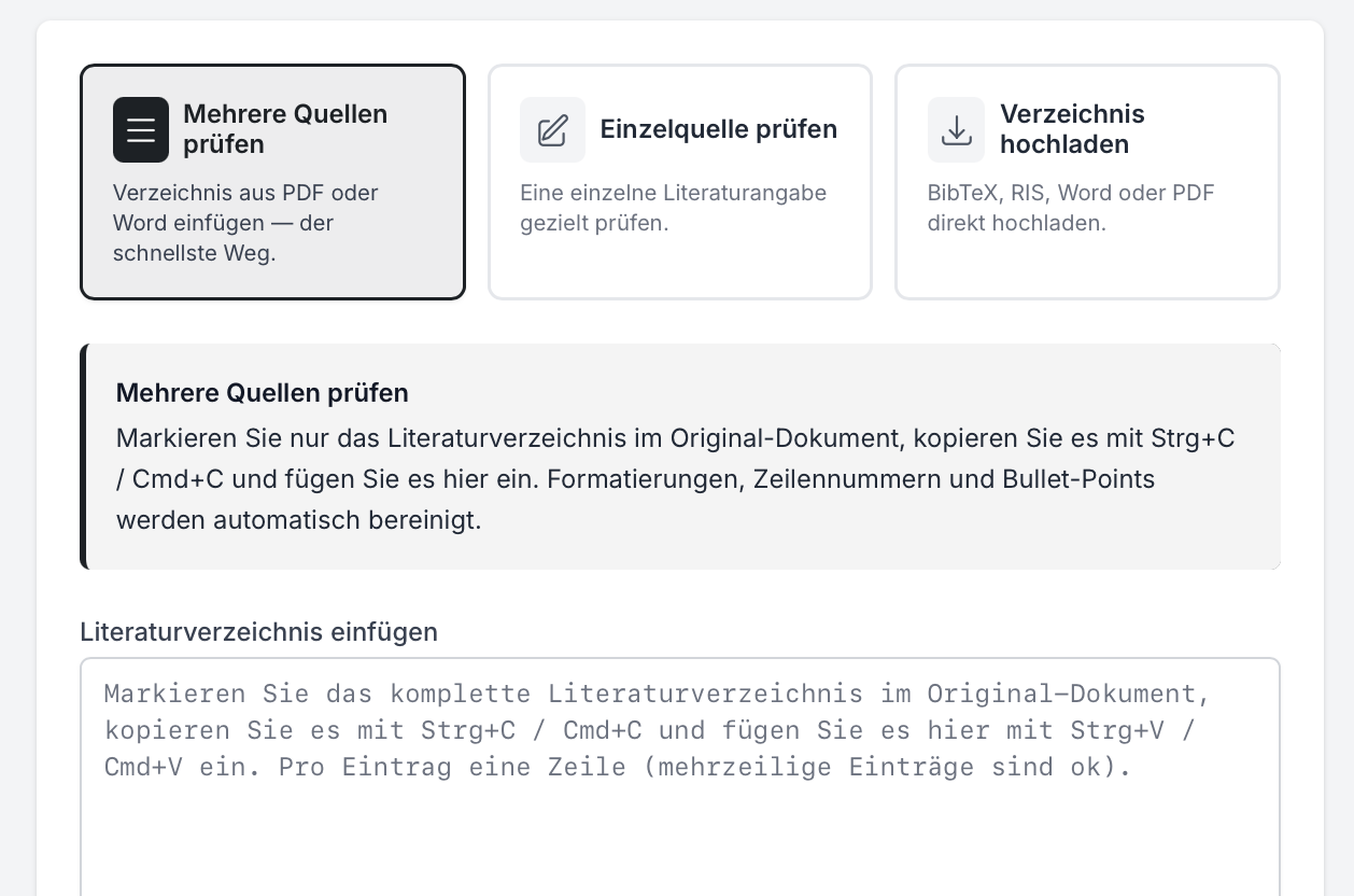 Screenshot: Eingabe-Maske zum Hochladen des Literaturverzeichnisses
